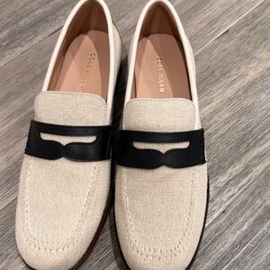 Cole Haan Lux Pinch Penny Loafers Beige and Black Linen Sz 8.5
